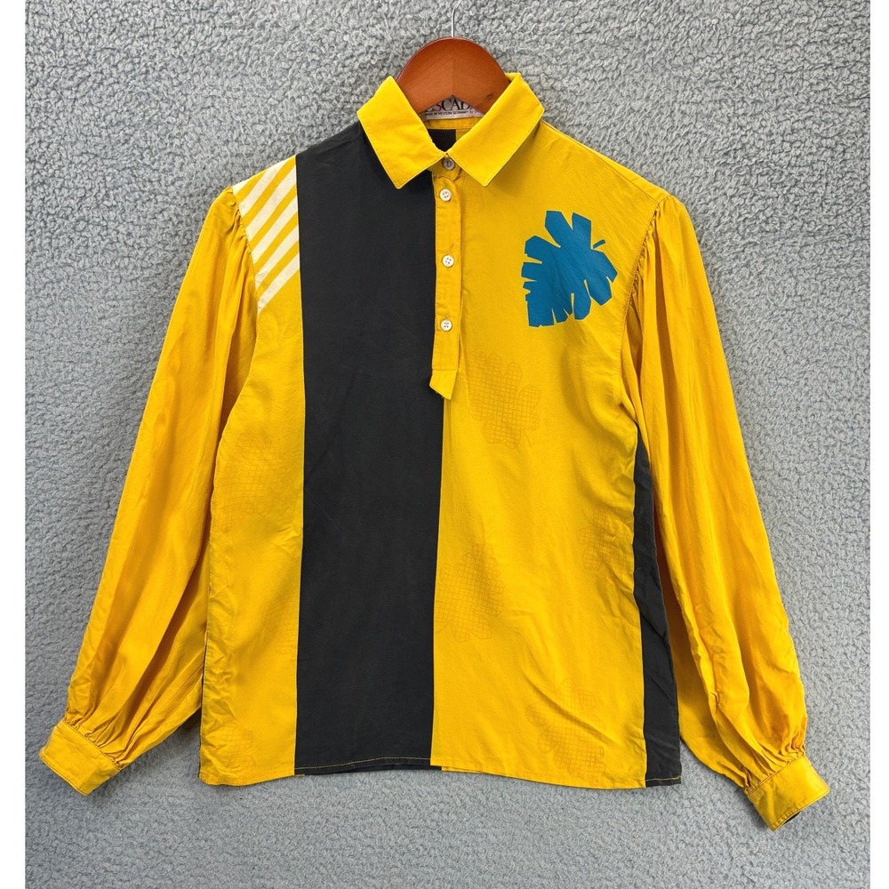 Escada Vintage Colorblock Silk Blouse Womens S Yellow Black 80s Western Germany